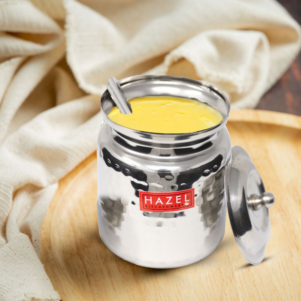HAZEL Stainless Steel Hammered Tone Oil & Ghee Pot Container, 400ml, Silver
