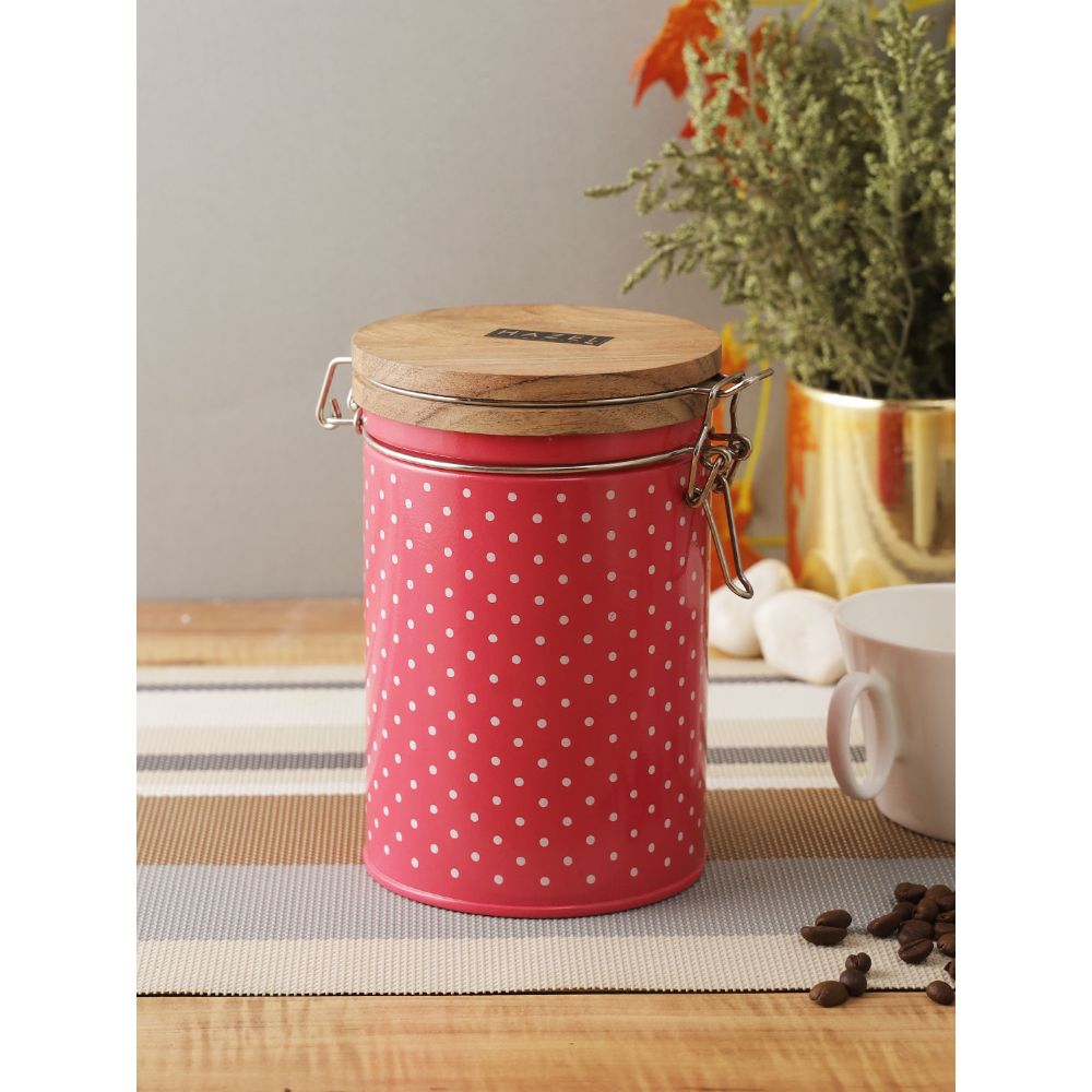HAZEL Kitchen Container with Clip Lock | Storage Box For Kitchen with Polka Dot Design | Food Grade Kitchen Container with Wooden Lid, 1130 ML, Pink