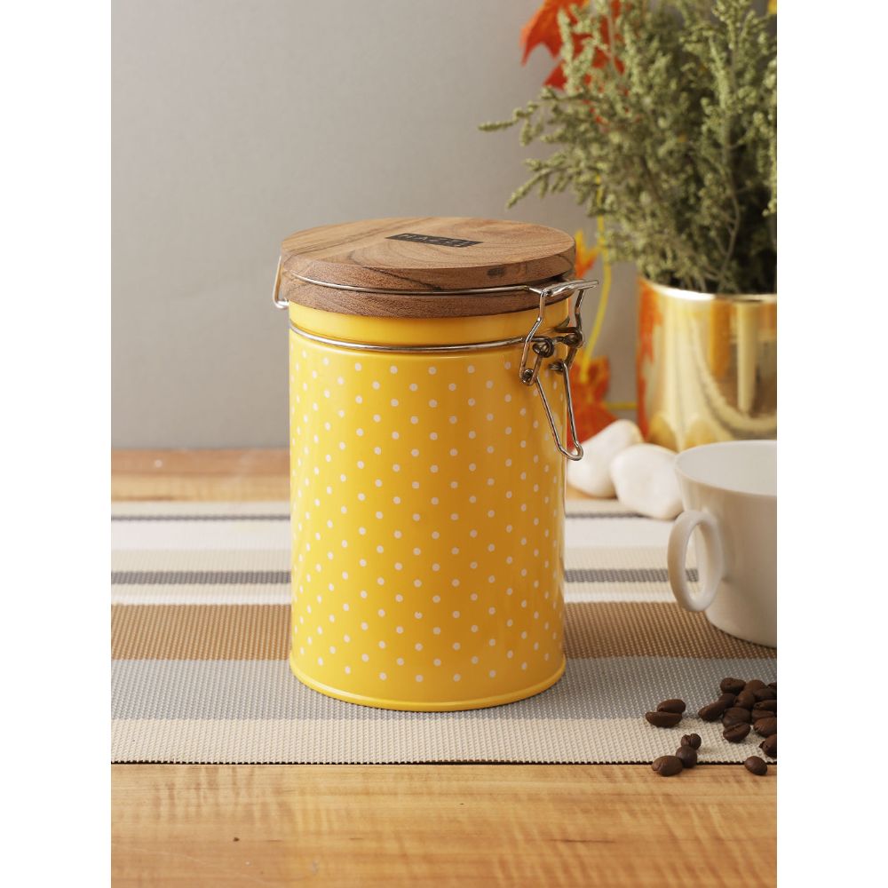 HAZEL Kitchen Container with Clip Lock | Storage Box For Kitchen with Polka Dot Design | Food Grade Kitchen Container with Wooden Lid, 1130 ML, Yellow