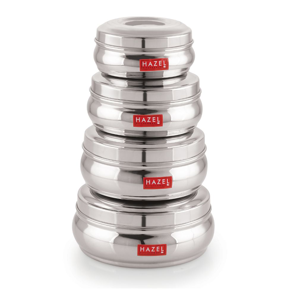 HAZEL Stainless Steel Container Glossy Finish Airtight Dabba Containers Set of 4, Silver