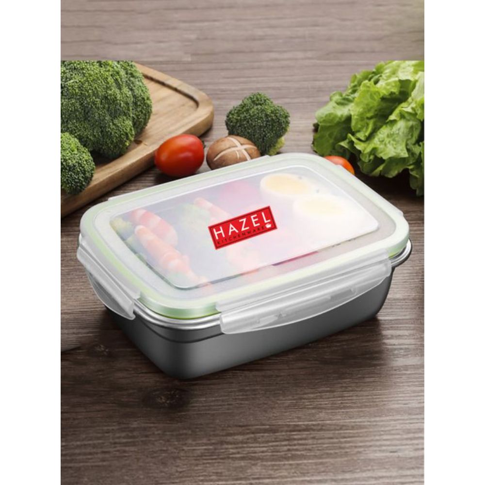 HAZEL Stainless Steel Airtight Container for Storage with Transparent Lid | Microwave Tiffin Box for Office Men | Leakproof Rectangle Lunch Box Food Storage Dabba, 620 ML, Silver