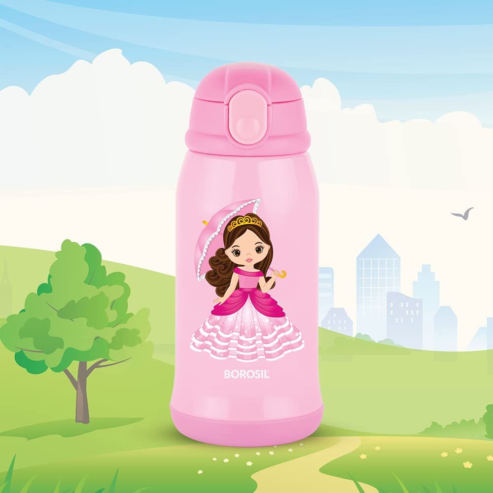 Borosil Princess Stainless Steel Water Bottle for Kids, Insulated Double Wall Vacuum, Hot & Cold Water Bottle for Children, 500 ml, Pink