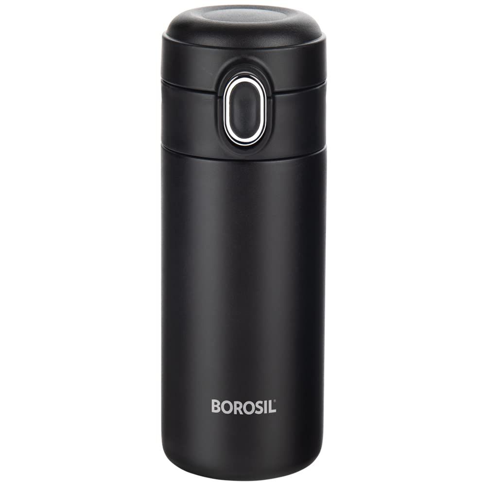 Borosil Stainless Steel Hydra Double Wall Vacuum Insulated Traveller Flask, (BLACK, 300 ml)