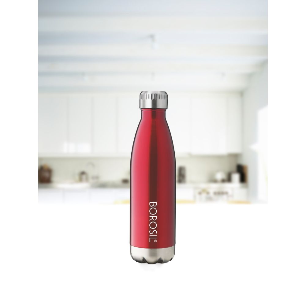 Borosil Trans Bolt Stainless Steel Vacuum Insulated Flask Water Bottle, 500 ML, Red