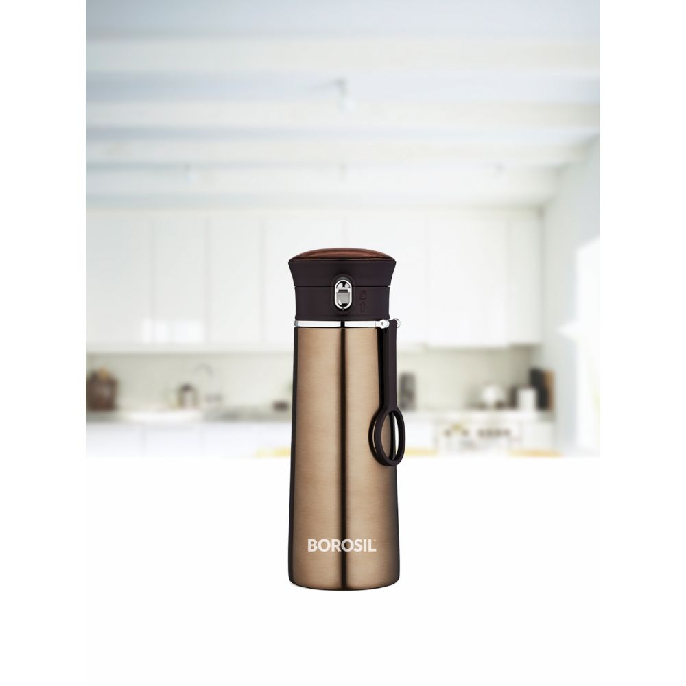 Borosil Hydra Travelease Stainless Steel Vacuum Insulated Flask Water Bottle, 420 ML, Brown