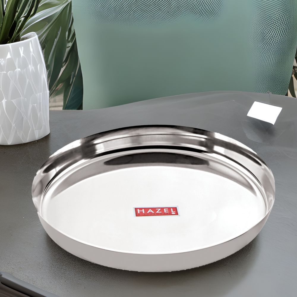HAZEL Stainless Steel Plates Set | Premium Mirror Finish Thali Set Stainless Steel | Heavy Gauge Steel Plates Set For Dinner & Lunch Set of 1, 21 cm