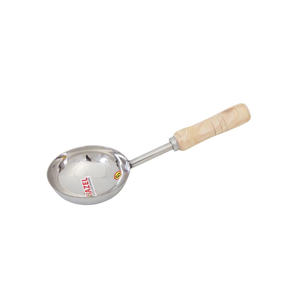 HAZEL Steel Tadka Pan with Short Wooden Handle, 32 cm, 250 ml, Silver