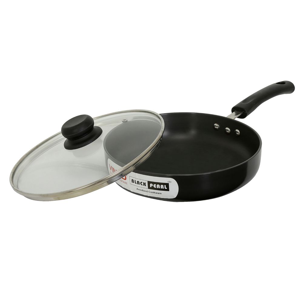 Vinod Black Pearl Hard Anodised Deep Frypan with Glass Lid 1.2 Litres (20 cm Diameter), with Riveted Sturdy Handle- 3.25 mm Thickness, Black (Gas Stove Compatible)