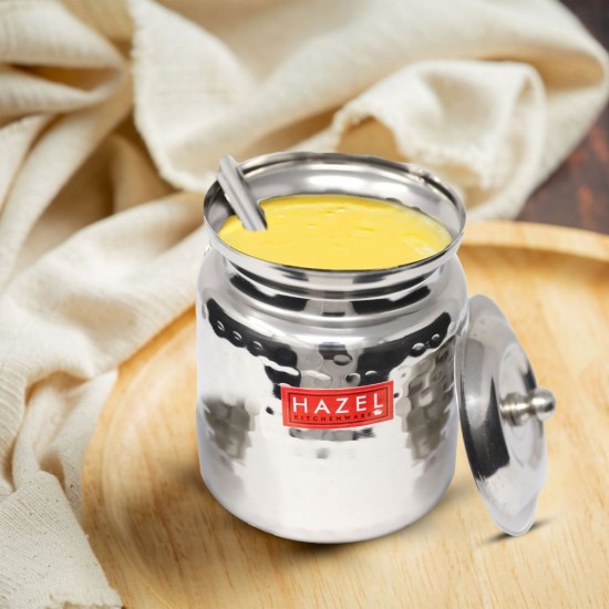 HAZEL Stainless Steel Hammered Tone Oil & Ghee Pot Container, 350ml, Silver