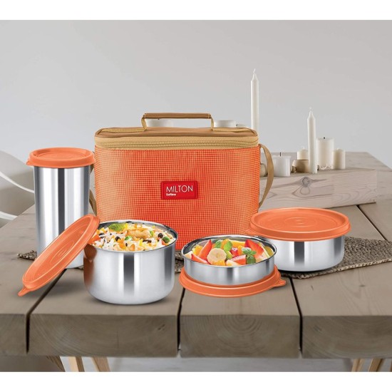 Milton DELICIOUS COMBO Stainless Steel Lunch Pack With Bag, Orange
