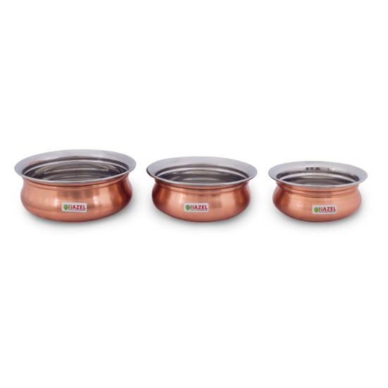 Hazel Stainless Steel Copper Mini Handis Set of 3 (400 ml, 550 ml, 770 ml), Silver & Copper