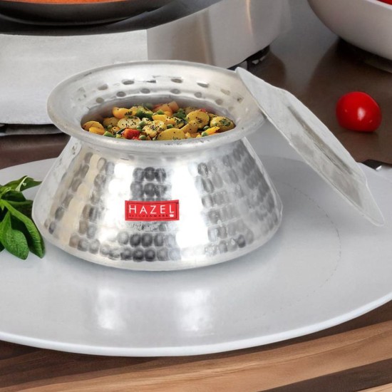 HAZEL Handi for Cooking I Aluminium Vessels for Cooking, 2450 ML Pot with Traditional Hammered Finish | Biryani Handi Set with lid for Cooking, Silver
