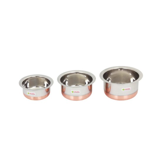 HAZEL Utensils Set for Kitchen I Set of 3, 350 ml, 600 ml, 830ml | Copper Bottom Utensils for Cooking I Steel Tope Set for Daily Use I Multipurpose Kitchen Containers