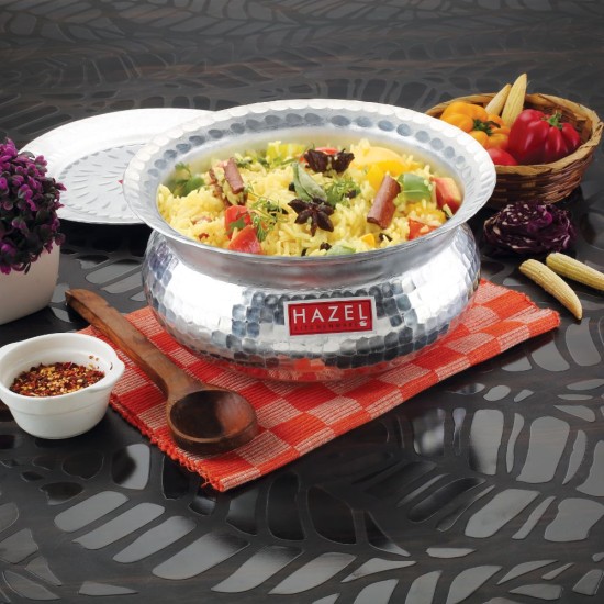 HAZEL Aluminium Hammered Finish Handi with Lid Biryani Rice Cooking Pot GOL Patiya Tope Patila Vessel, 28 cm, 5700 ML Silver