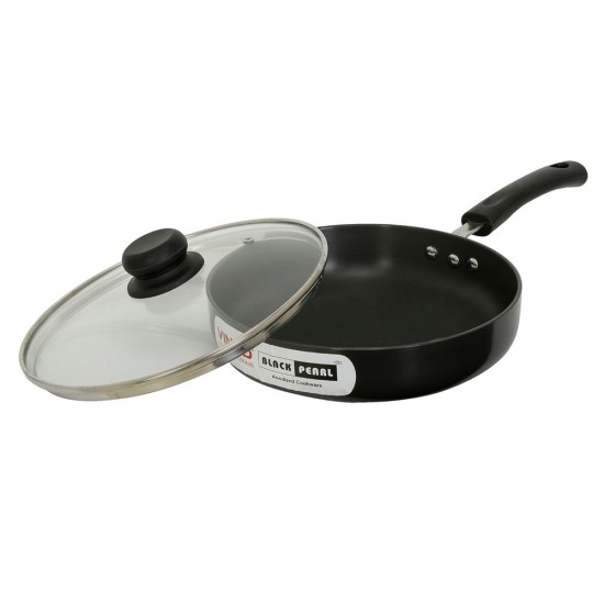 Vinod Black Pearl Hard Anodised Deep Frypan with Glass Lid 1.8 Litres (22 cm Diameter), with Riveted Sturdy Handle- 3.25 mm Thickness, Black (Gas Stove Compatible)