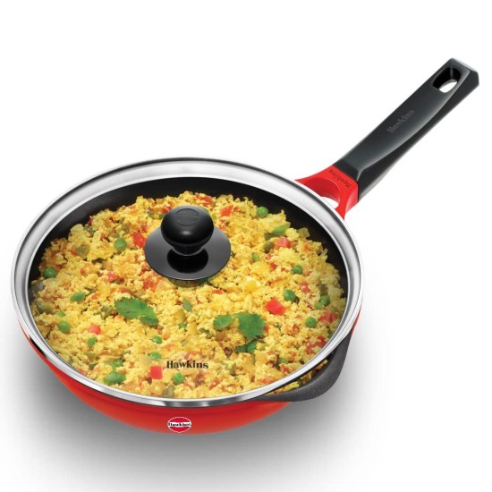 Hawkins 24 cm Frying Pan, Die Cast Non Stick Fry Pan with Glass Lid, Ceramic Coated Pan, Induction Frying Pan, Red (IDCF24G)
