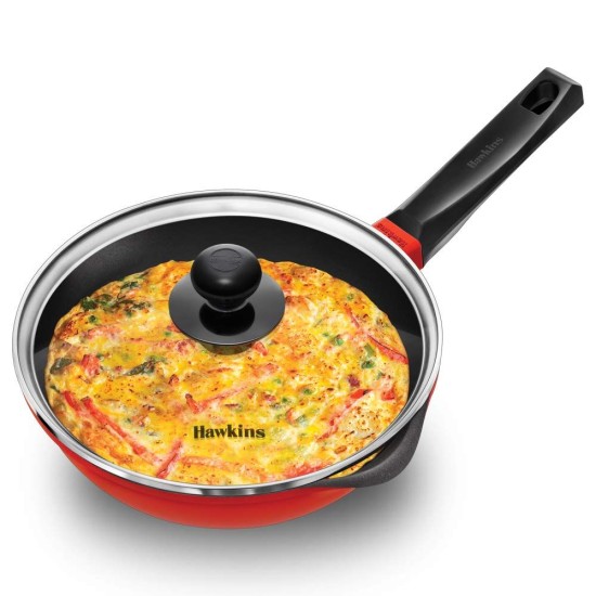 Hawkins 22 cm Frying Pan, Die Cast Non Stick Fry Pan with Glass Lid, Ceramic Coated Pan, Induction Frying Pan, Small Frying Pan, Red (IDCF22G)