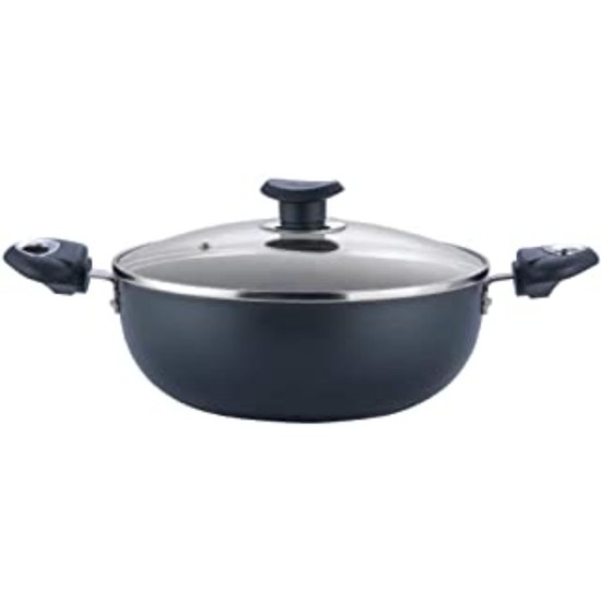 Vinod Zest Marbilo Non-Stick Aluminium Deep Kadai with Glass Lid 4.1 Litres (26 cm Dia)/ Riveted Sturdy Handles (Gas Stove and Induction Compatible), PFOA Free- 3mm Thickness