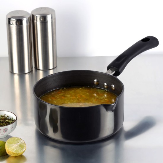 Vinod Black Pearl Hard Anodised Saucepan 2.3 Litres Capacity (18 cm Diameter) with Riveted Sturdy Handle - 3.25 mm thickness, Black (Gas stove compatible)