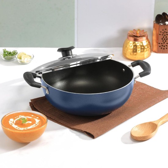 Vinod Zest Non-Stick Deep Kadai with Glass Lid 4.1 litres Capacity (26 cm Diameter) with Riveted Sturdy Bakelite Handles (Gas Stove Compatible) PFOA Free - 3mm Thickness, Blue