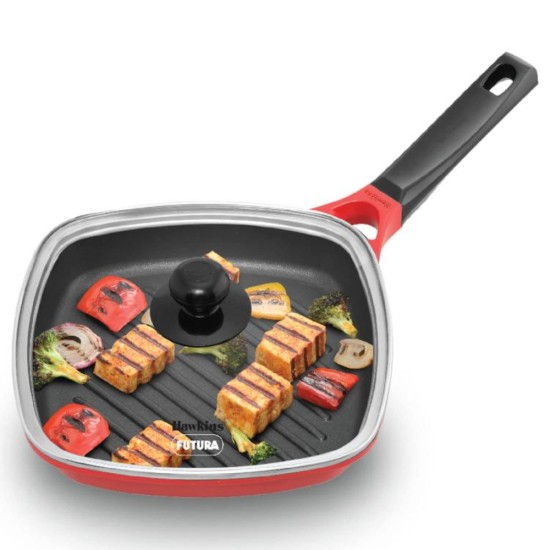 Hawkins 26 cm Grill Pan, Non Stick Die Cast Grilling Pan with Glass Lid, Square Grill Pan for Gas Stove, Ceramic Coated Pan, Roast Pan, Red