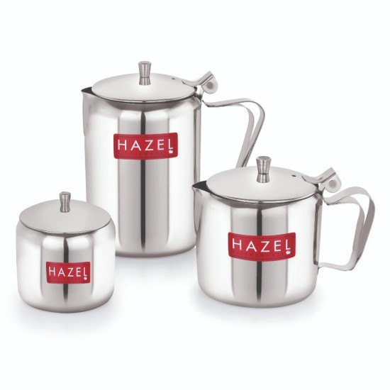 HAZEL Stainless Steel Tea Coffee Sugar Serving Pot with Handle & Lid | Strong and Sturdy, Spill Proof Pouring, Set of 3